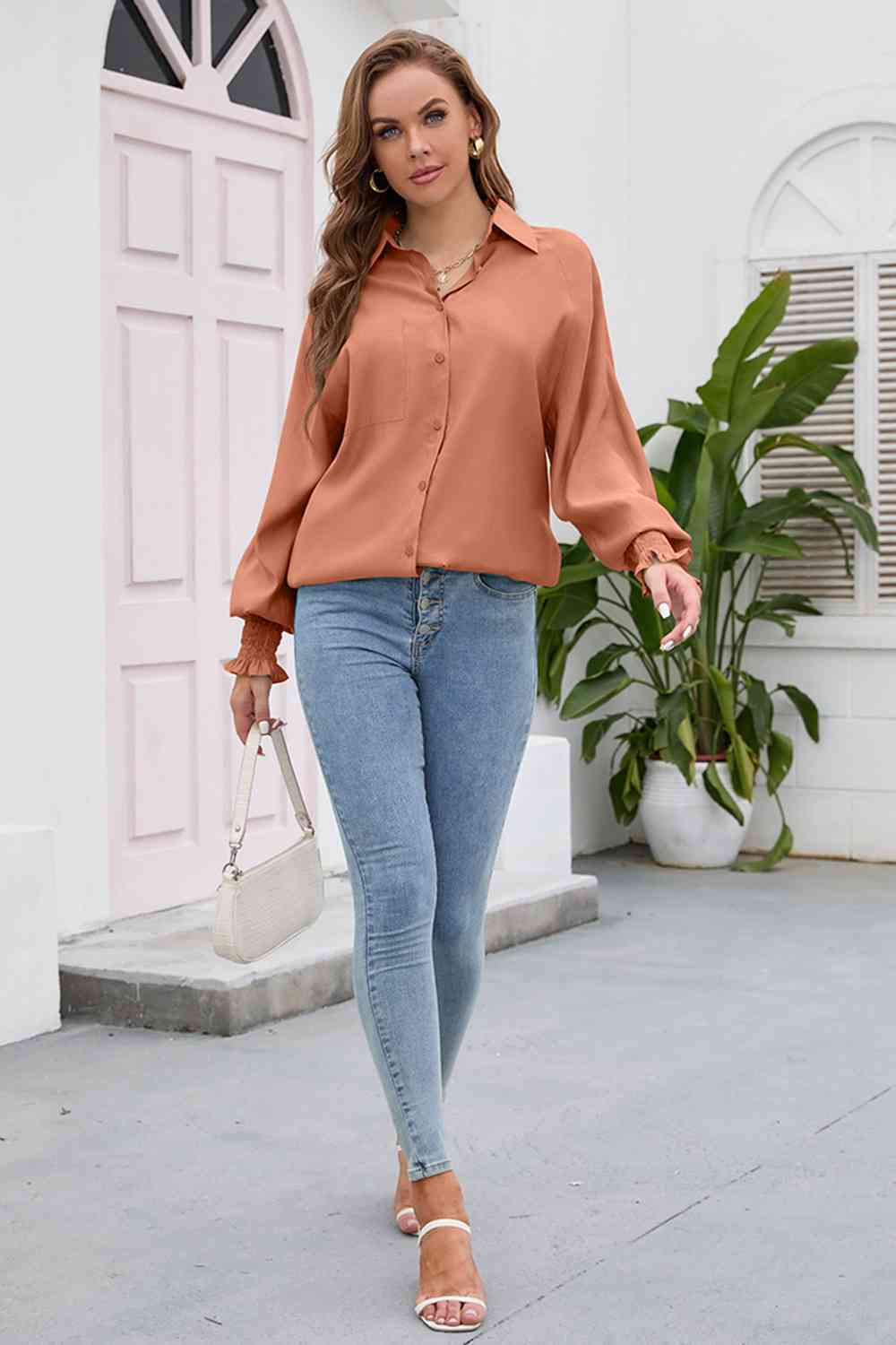 High-Low Collared Neck Lantern Sleeve Shirt