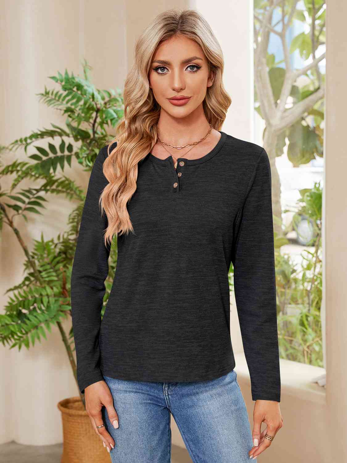 Buttoned Round Neck  Long Sleeve T-Shirt