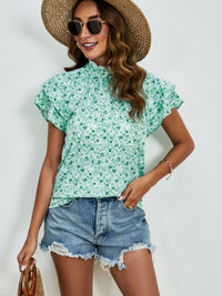 Ditsy Floral Mock Neck Flounce Sleeve Blouse