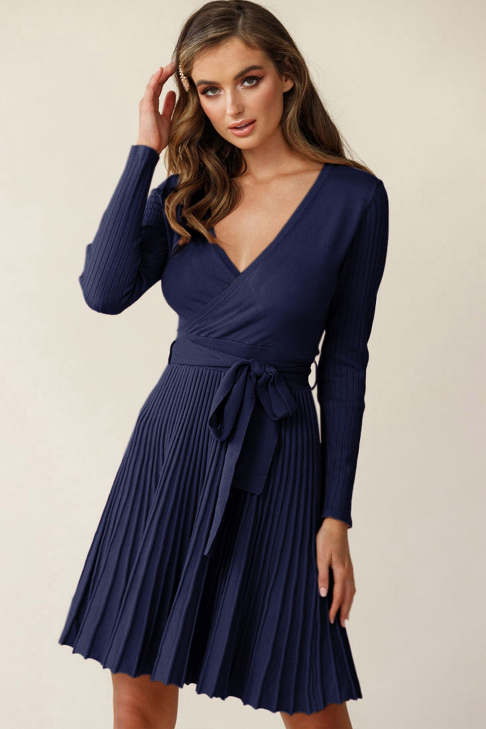 Surplice Neck Tie Waist Pleated Dress