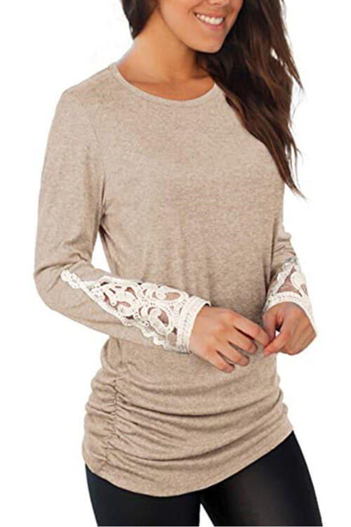 Lace Detail Long Sleeve Round Neck T-Shirt