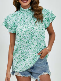 Ditsy Floral Mock Neck Flounce Sleeve Blouse