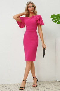 Slit Round Neck Flutter Sleeve Dress