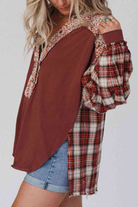 Plaid Notched Neck Slit Blouse