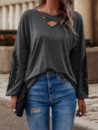 Crisscross V-Neck Lace Detail T-Shirt