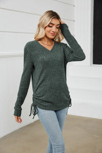 Drawstring Ribbed Long Sleeve T-Shirt