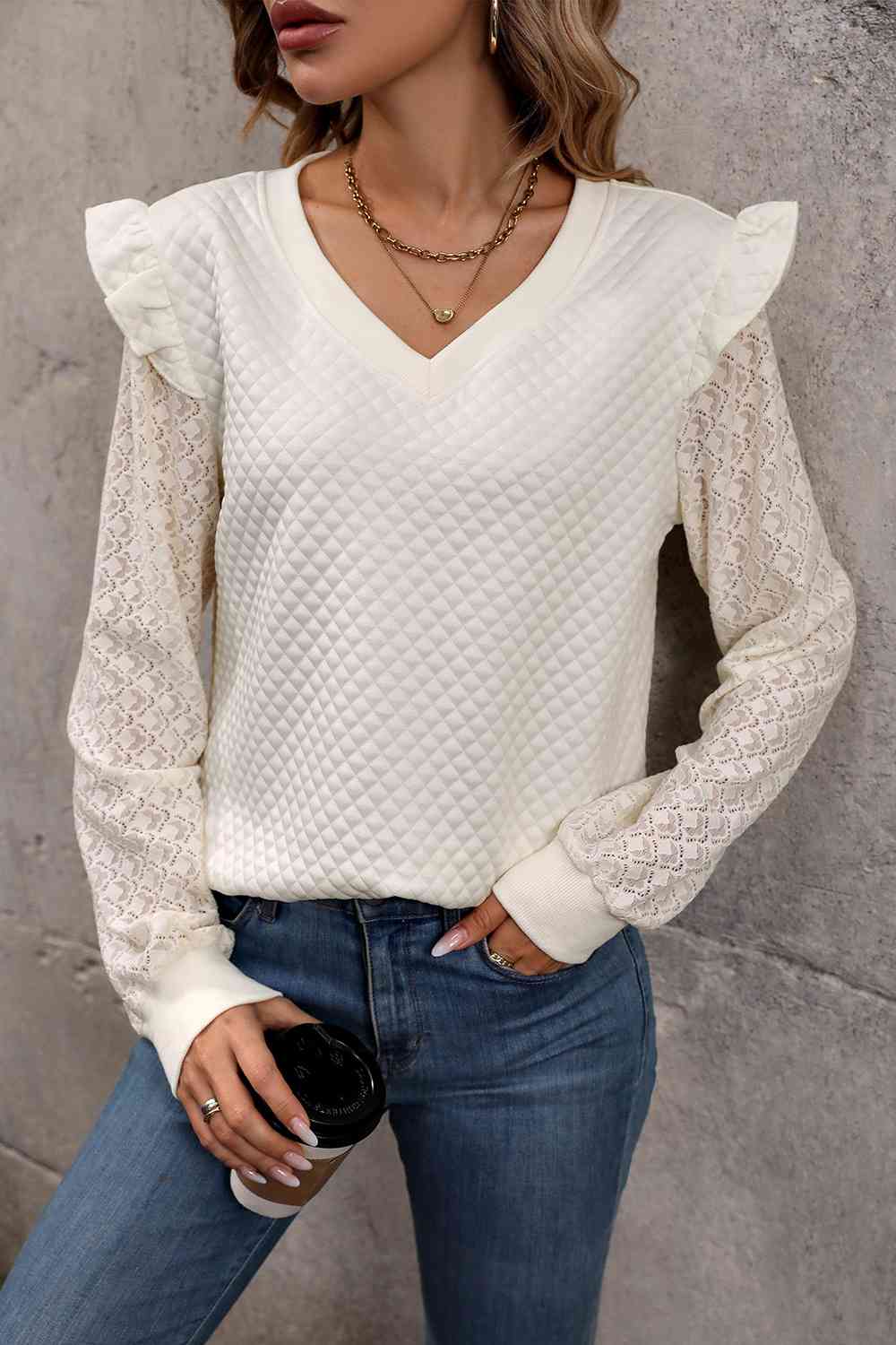 V-Neck Ruffle Trim Long Sleeve Sweatshirt