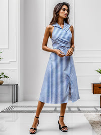 Slit Striped Sleeveless Midi Dress