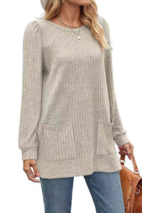 Ribbed Round Neck Long Sleeve T-Shirt