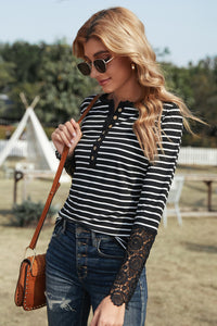 Striped Button-Up Lace Detail Long Sleeve Blouse