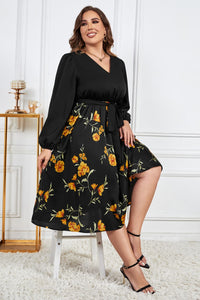 Melo Apparel Plus Size Floral Print Tie Belt V-Neck Balloon Sleeve Midi Dress