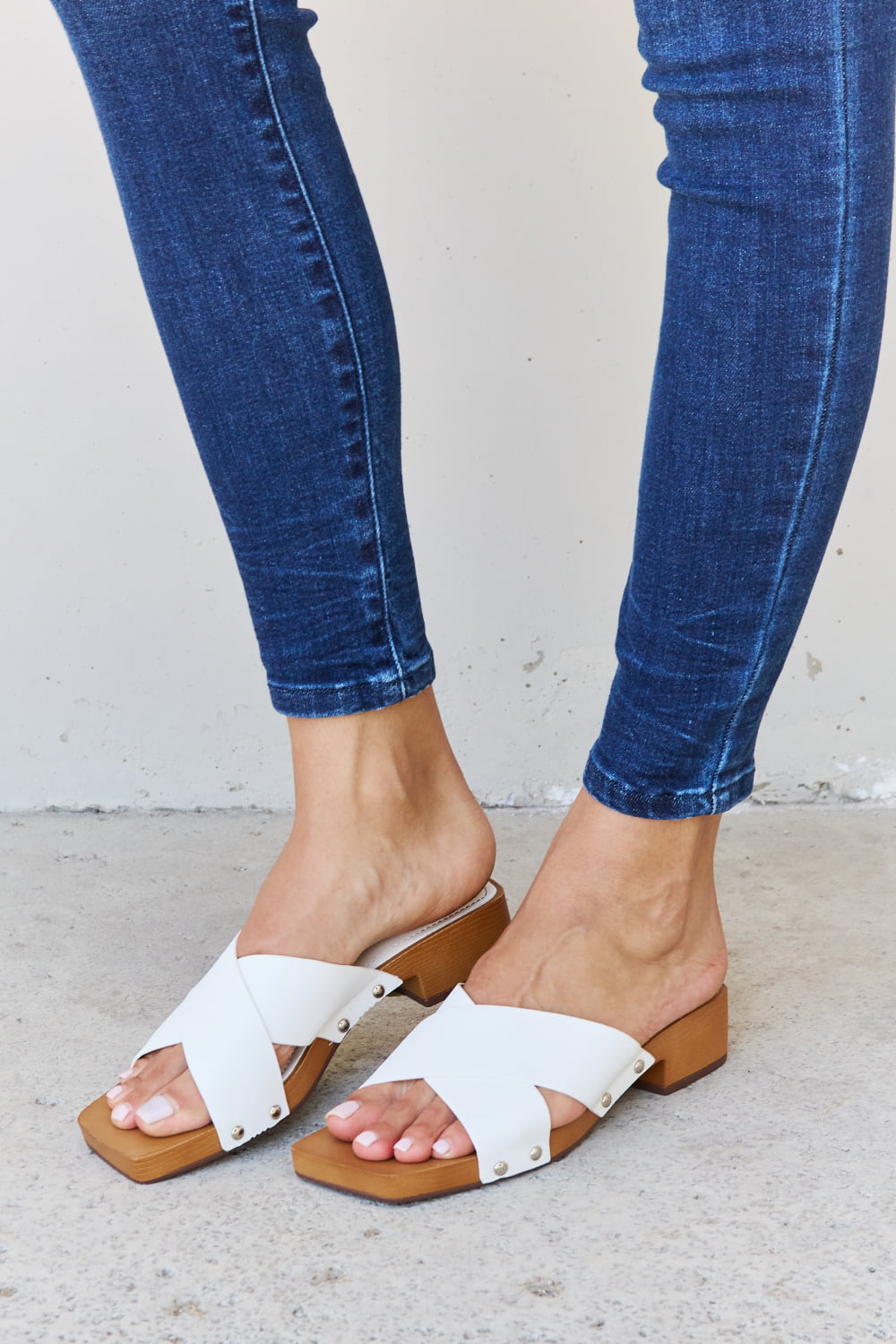 Weeboo Criss Cross Wooden Clog Mule in White