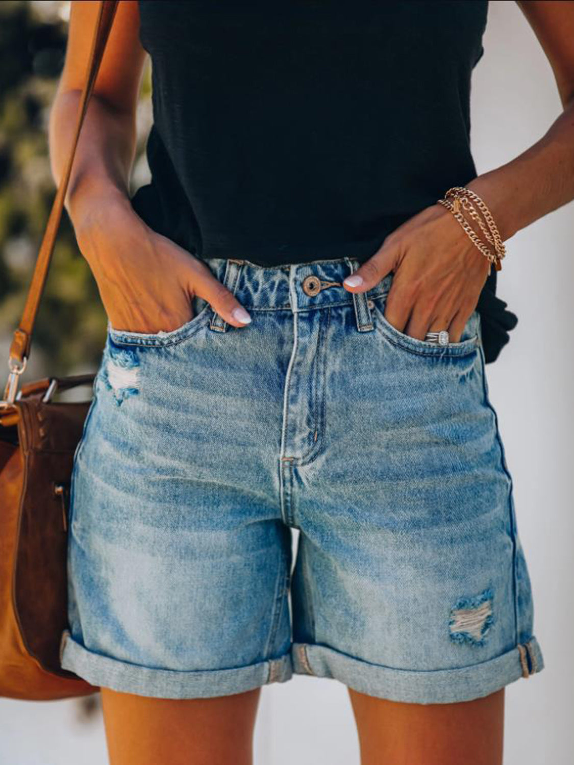 Distressed Denim Shorts with Pockets