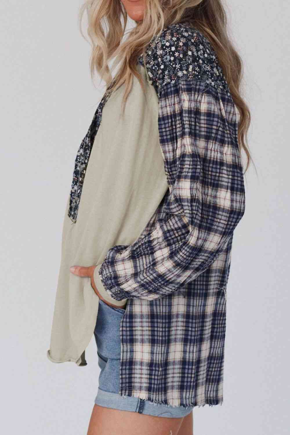 Plaid Notched Neck Slit Blouse