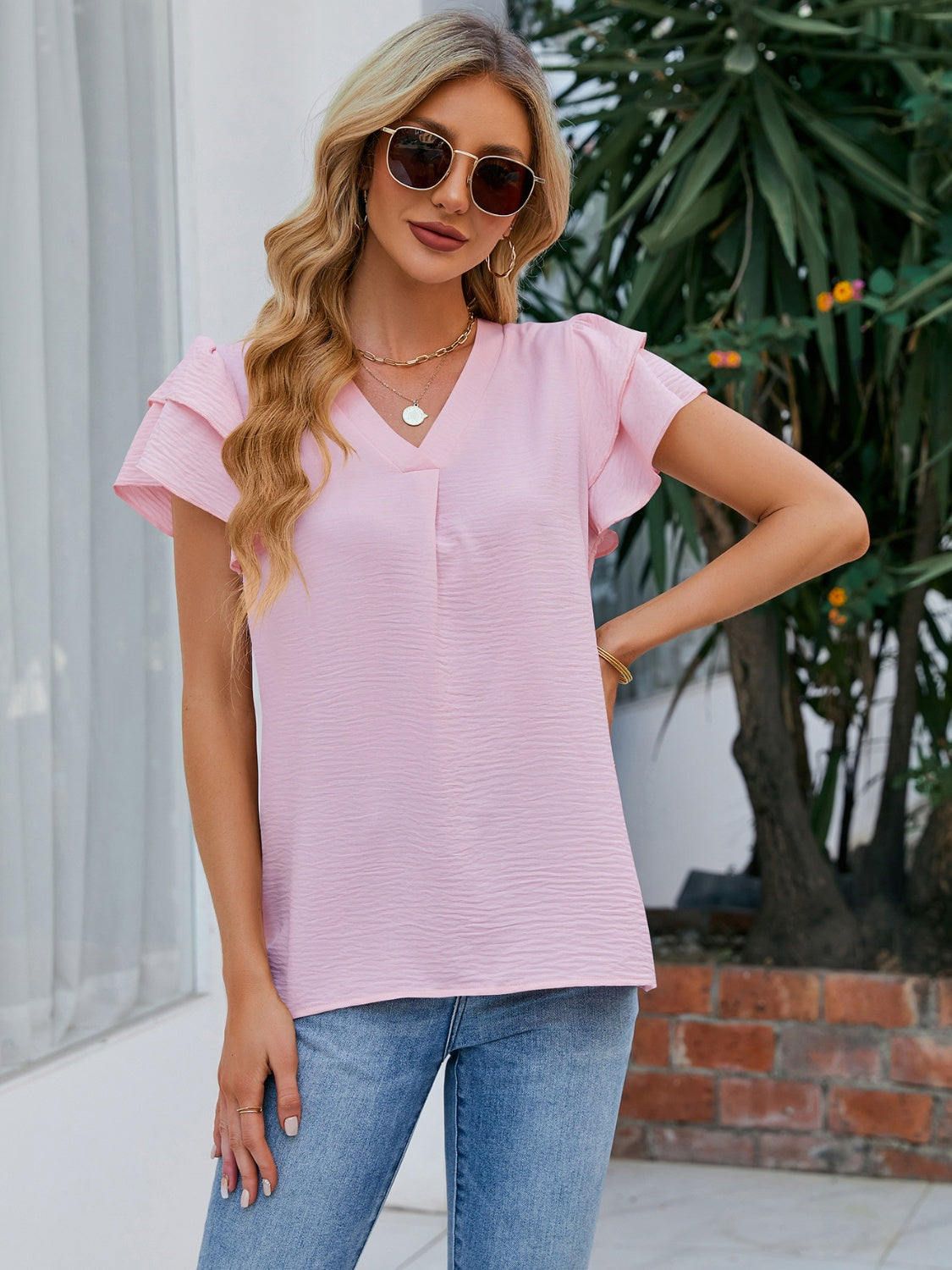 V-Neck Flounce Sleeve Blouse