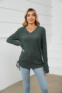 Drawstring Ribbed Long Sleeve T-Shirt