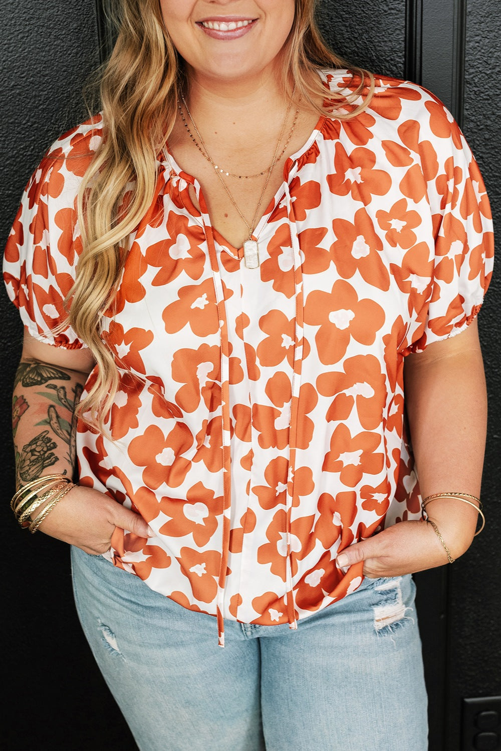 Printed Tie Neck Short Sleeve Blouse