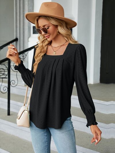 Ruched Square Neck Lantern Sleeve Blouse