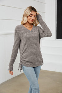 Drawstring Ribbed Long Sleeve T-Shirt