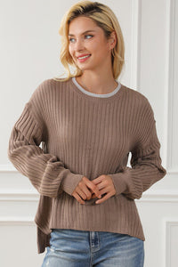 Ribbed Contrast Round Neck Slit Sweater