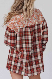 Plaid Notched Neck Slit Blouse