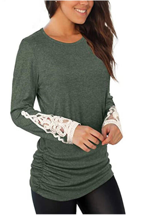 Lace Detail Long Sleeve Round Neck T-Shirt