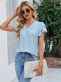 V-Neck Flounce Sleeve Blouse