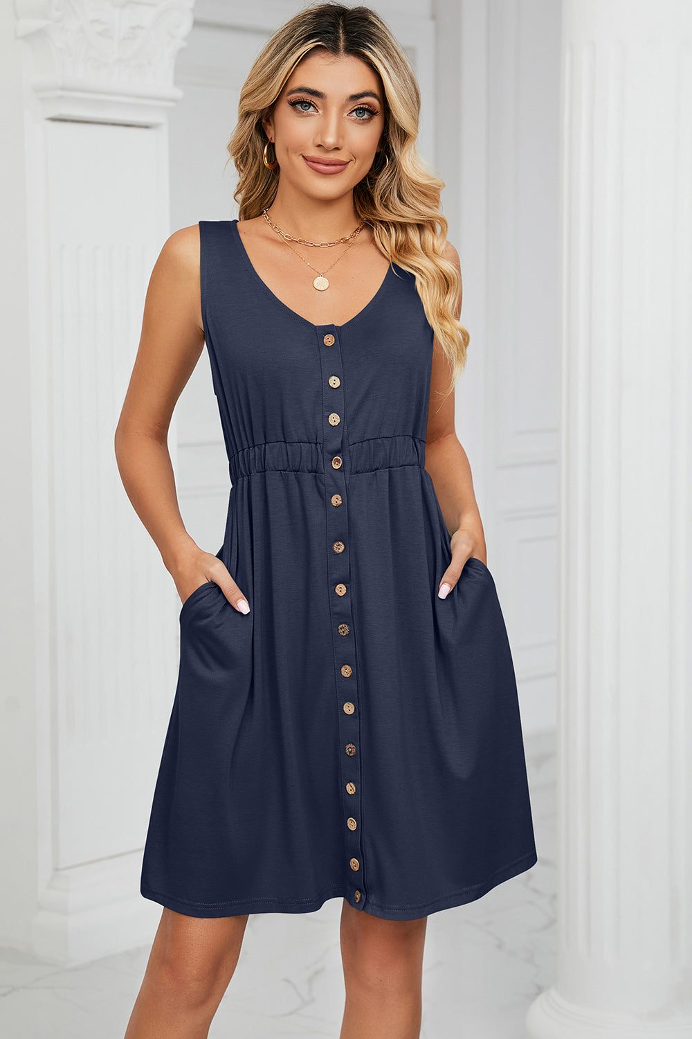 Pocketed Buttoned Wide Strap Mini Dress