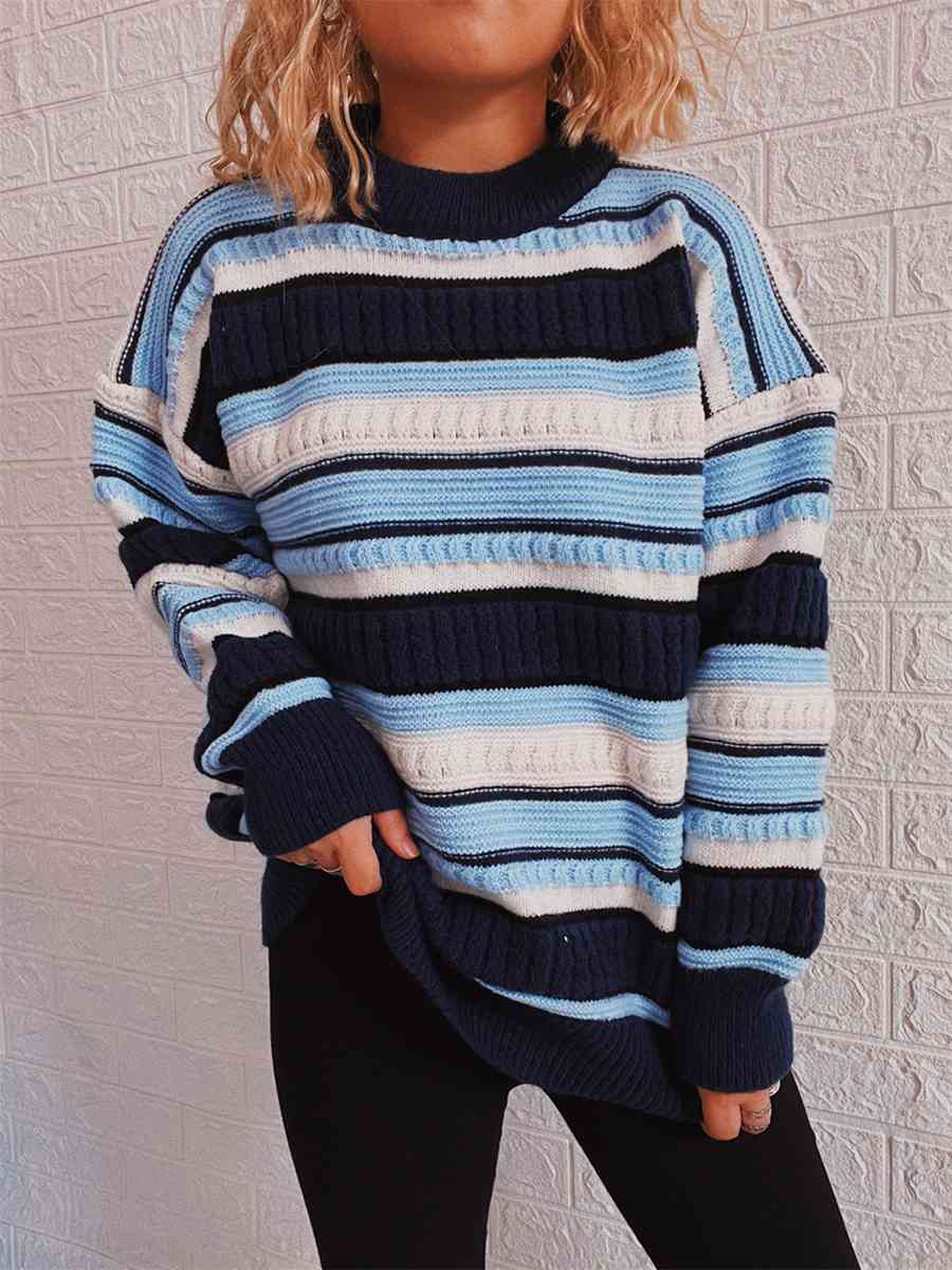 Striped Drop Shoulder Round Neck Sweater