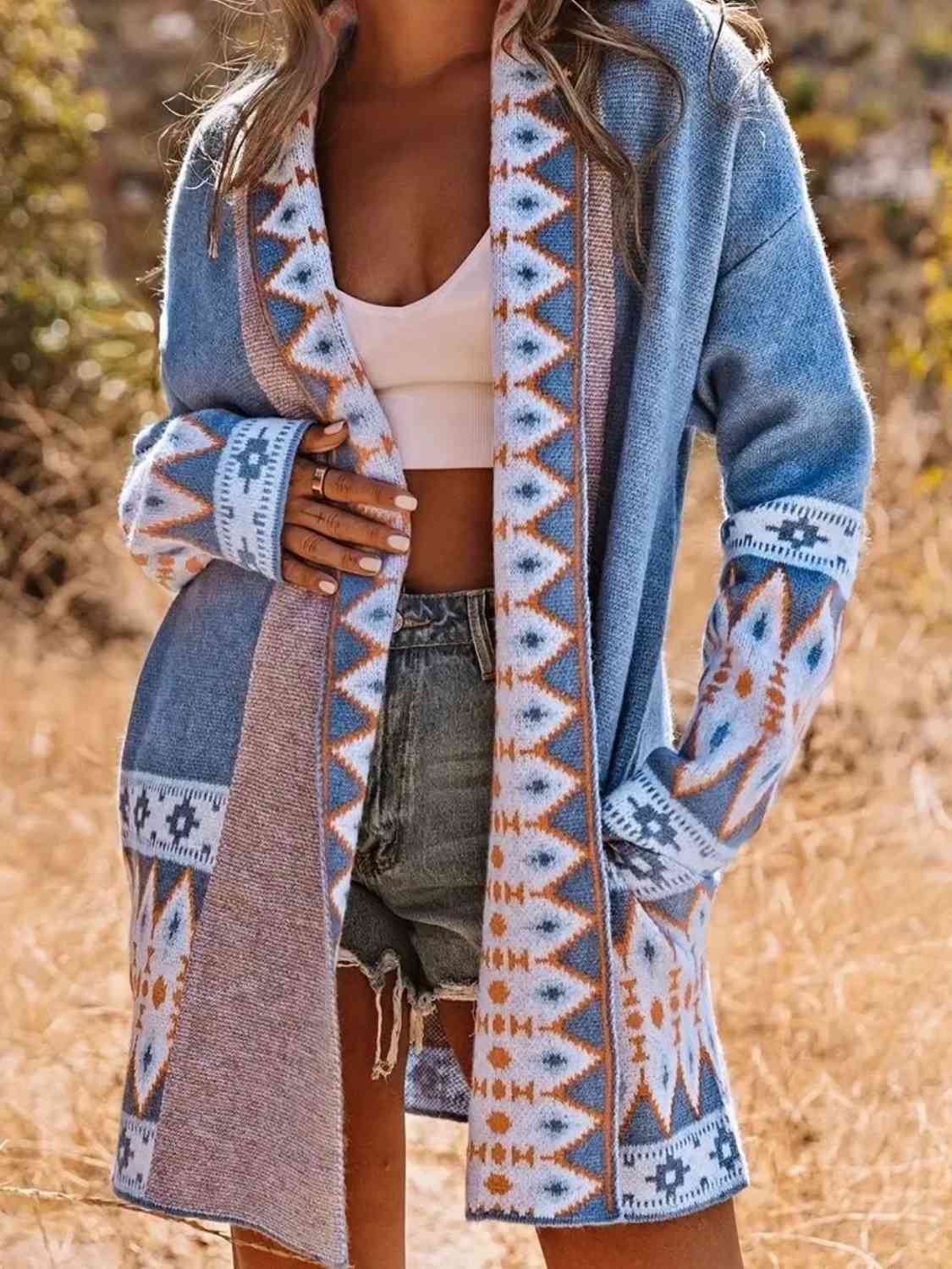 Geometric  Open Front Cardigan with Pockets