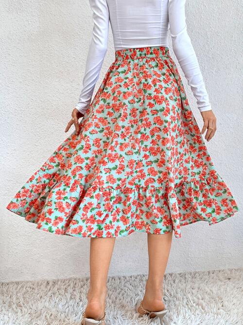 Printed Ruffle Hem Midi Skirt