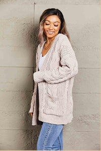 Woven Right Cable-Knit Open Front Cardigan with Front Pockets