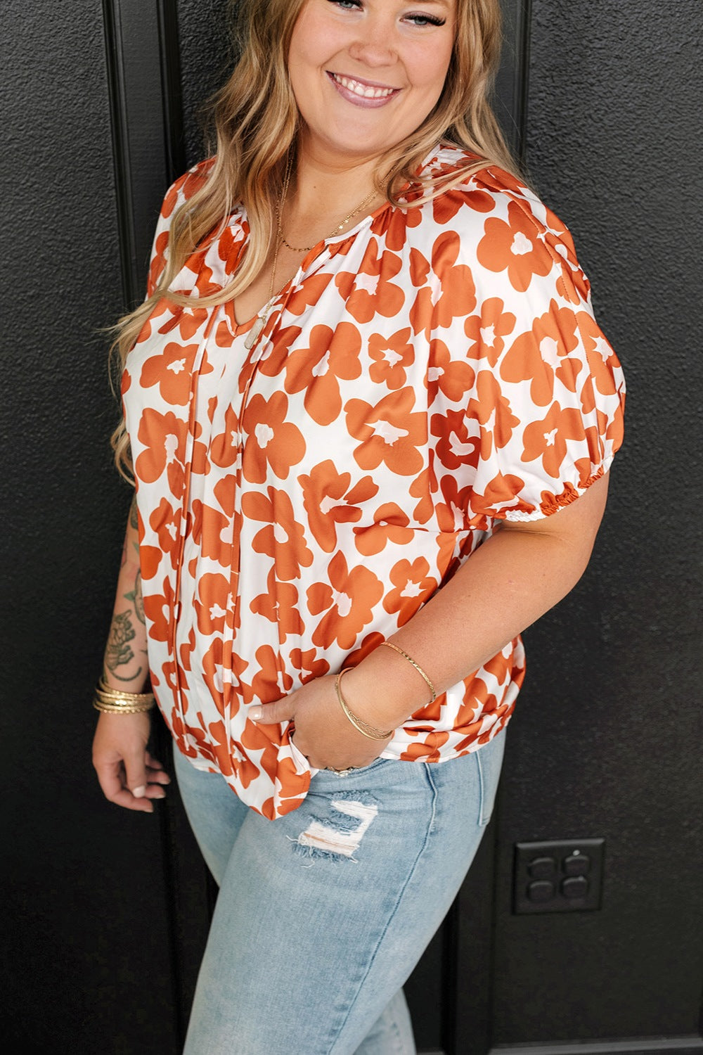 Printed Tie Neck Short Sleeve Blouse