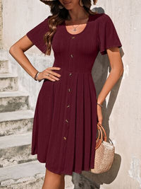 Decorative Button Scoop Neck Short Sleeve Dress