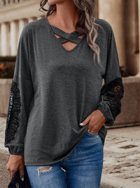 Crisscross V-Neck Lace Detail T-Shirt