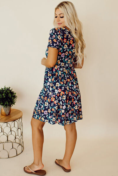 Floral Round Neck Short Sleeve Mini Dress