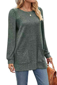 Ribbed Round Neck Long Sleeve T-Shirt