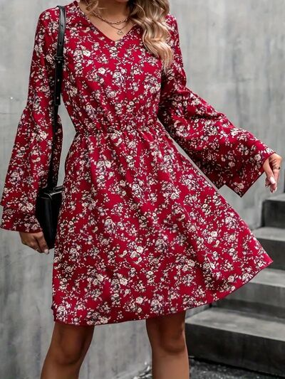 V-Neck Long Sleeve Mini Dress