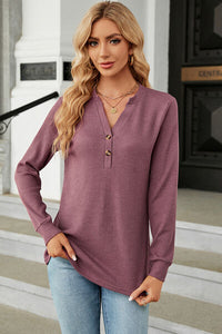 Waffle-Knit Notched Long Sleeve T-Shirt