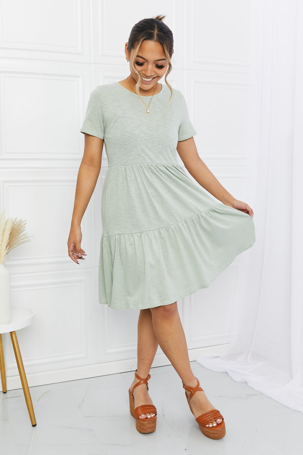 BOMBOM Short Sleeve Round Neck Tiered Tee Dress