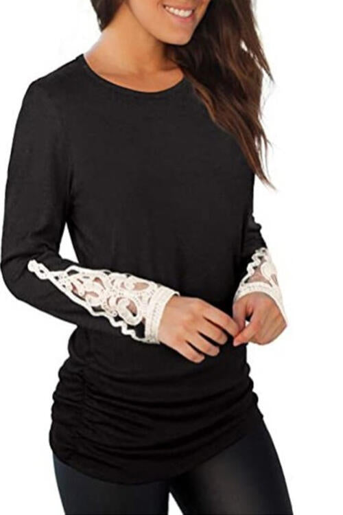 Lace Detail Long Sleeve Round Neck T-Shirt