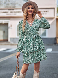 Long Sleeve Tie Waist Layered Dress