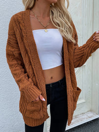 Woven Right Cable-Knit Open Front Cardigan with Front Pockets