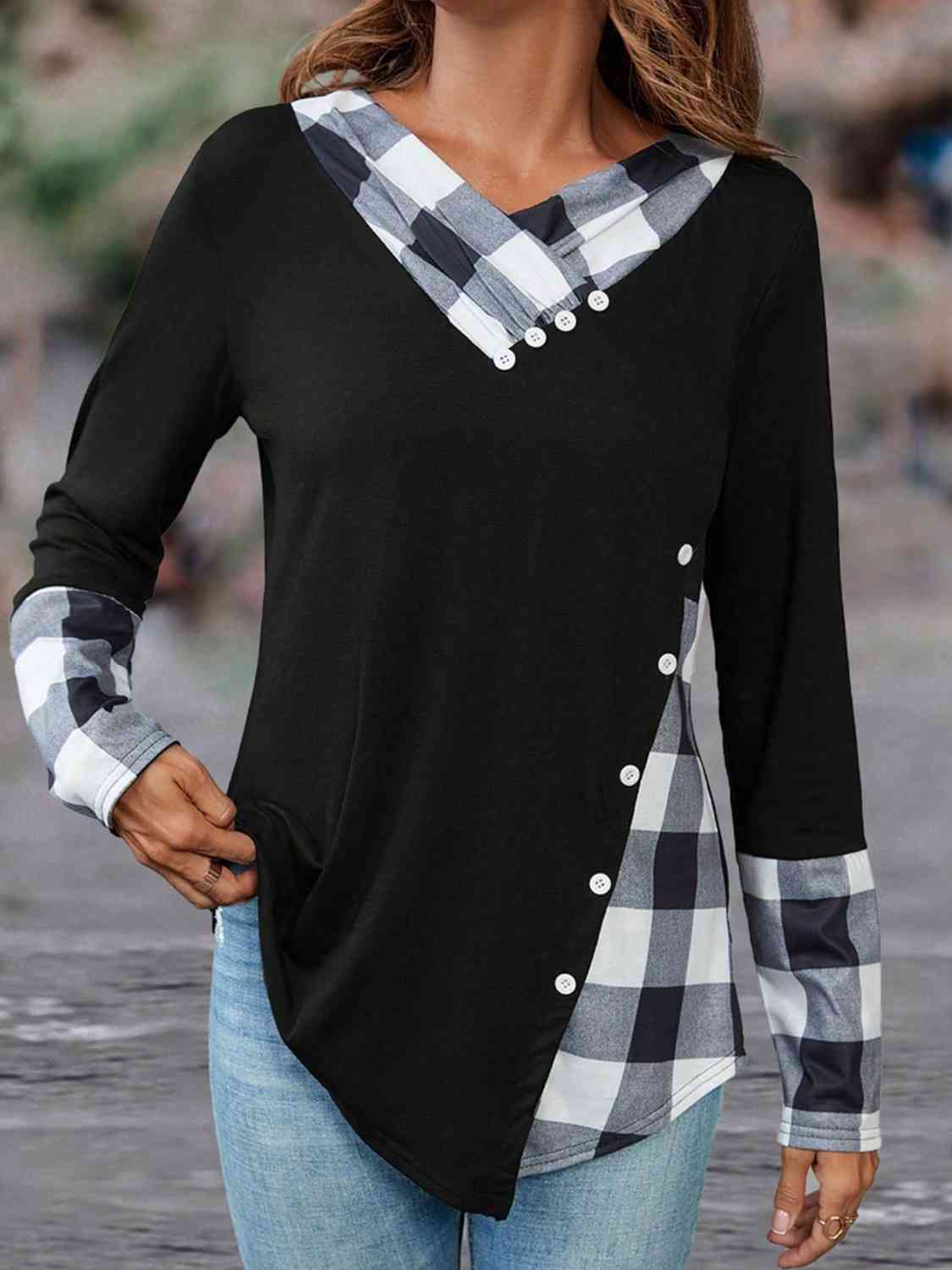 Plaid V-Neck Decorative Button Top