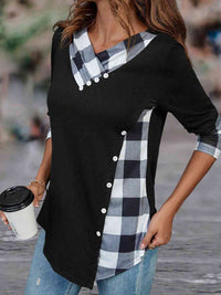 Plaid V-Neck Decorative Button Top