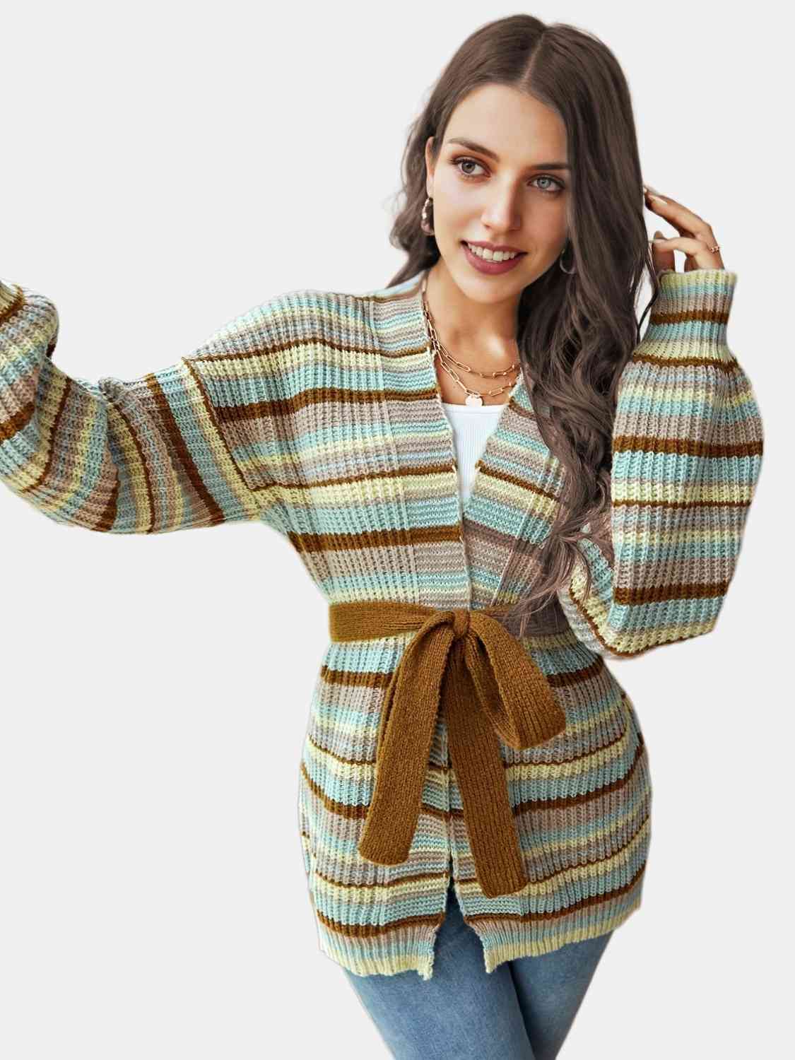 Striped Open Front Long Sleeve Cardigan